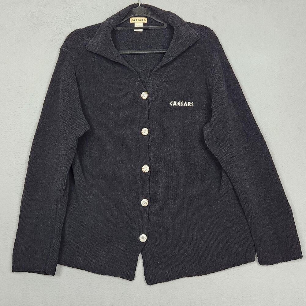 VINTAGE Caesars Cardigan Sweater Womens XL Black 100% Polyester Casino Gambling